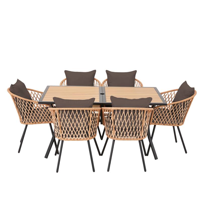 EROMMY 7 Piece Outdoor Dining Set with Umbrella Hole, Patio Table and 6 Rattan Chairs with Cushions, Weather-Resistant Furniture
