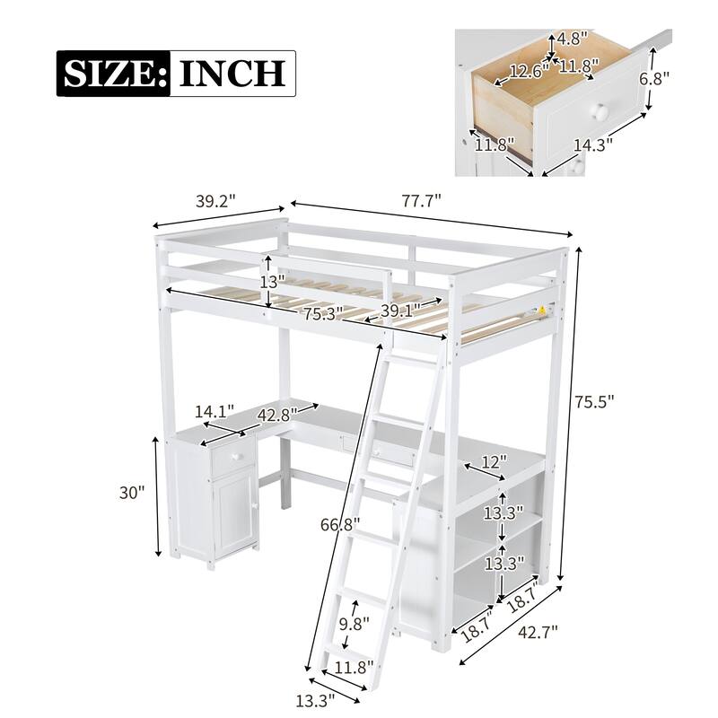 Loft Bed with U-shaped Desk, Drawers and Storage Shelves,Full/Twin Size