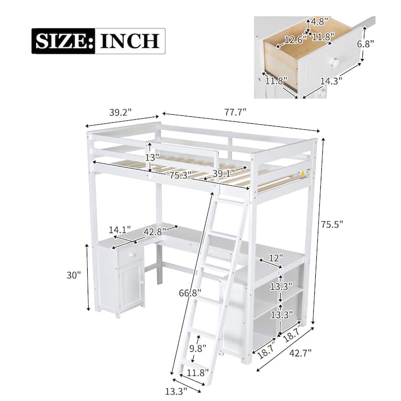 White Twin Size Solid Wood Loft Bed with Desk, Blackboard, and Storage
