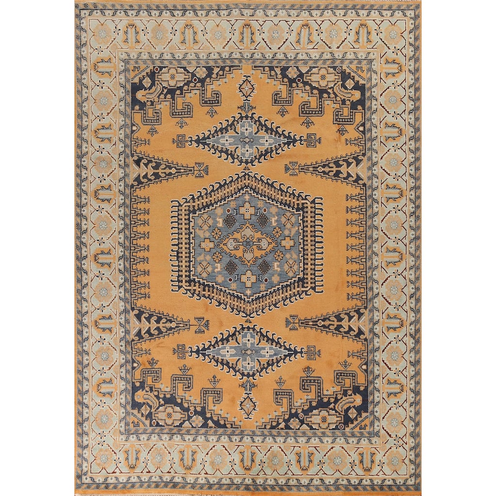 Geometric Viss Indian Area Rug Handmade Orange Wool Carpet - 8'10" x 12'1"