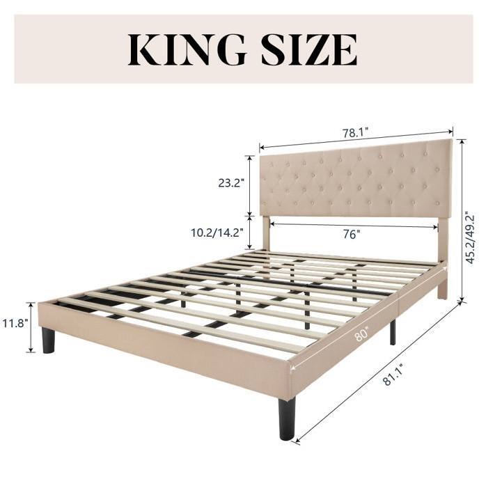 Low Profile Grey Linen Platform Bed with Button Tufted Headboard