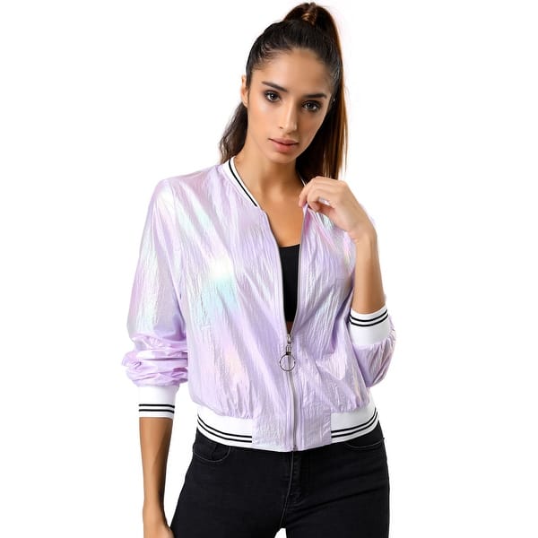 Shop Women S Holographic Fashion Stand Collar Metallic Lightweight Zip Bomber Jacket Overstock 29037165