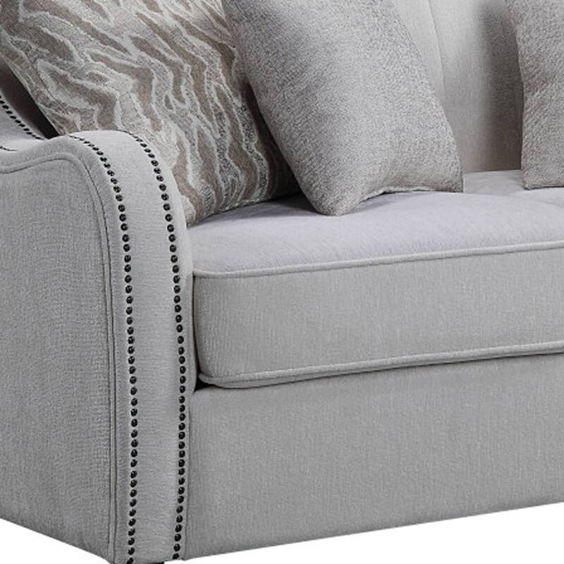 HomeRoots 63" Beige And Black Linen Curved Loveseat and Toss Pillows