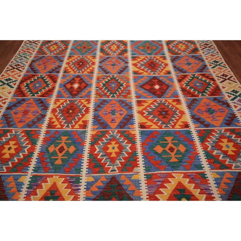 Geometric Kilim Reversible Area Rug Hand-Woven Wool Carpet - 8'0" x 11'10"