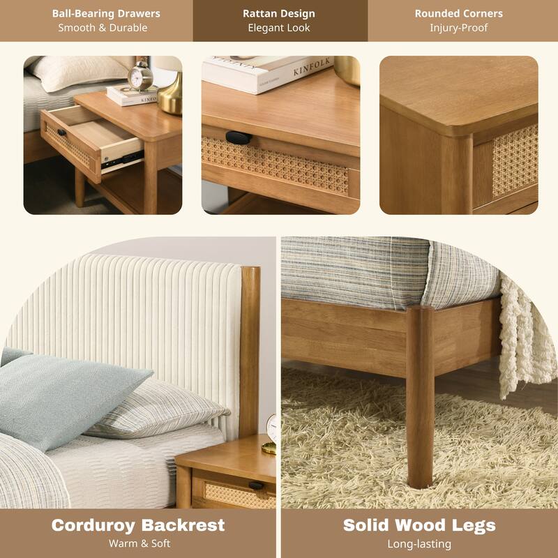 Queen Size Rubberwood Upholstered Platform Bed Set with Nightstand and Storage Drawer
