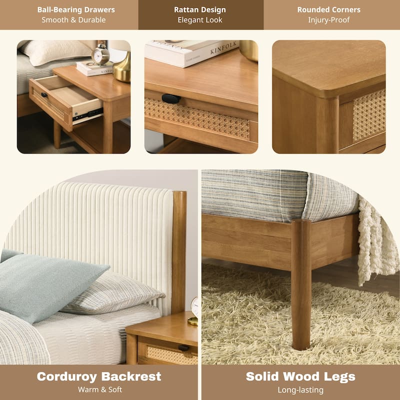 Roundhill Furniture Vichy 5-Piece Rattan Bedroom Set with Upholstered Queen Bed, Dresser, Mirror, Nightstand, and Chest