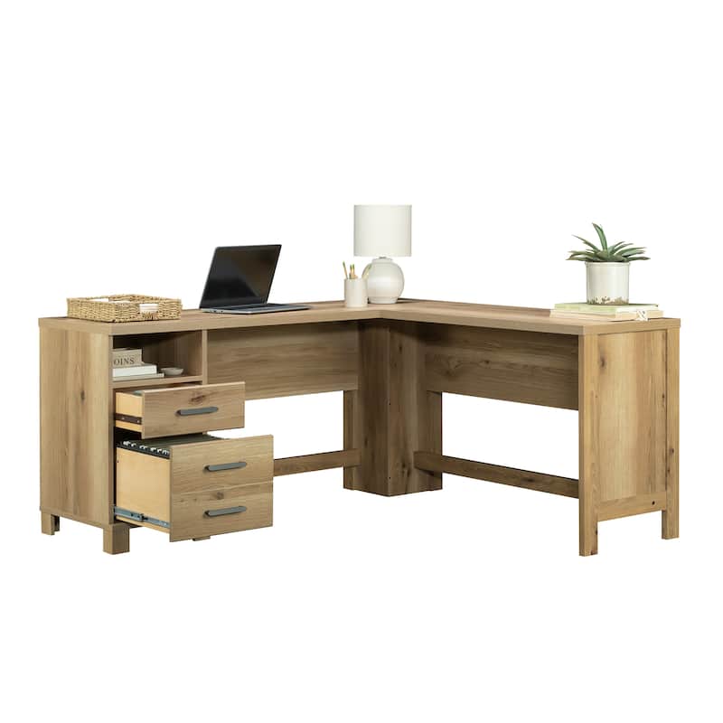 Wood L-Shaped Desk with Small Drawer, Brown