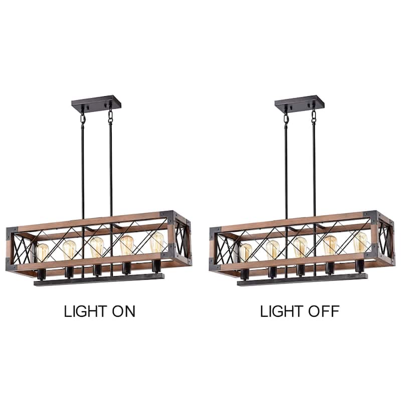 Aurora Antique Black Rectangular Metal and Natural Wood Chandelier