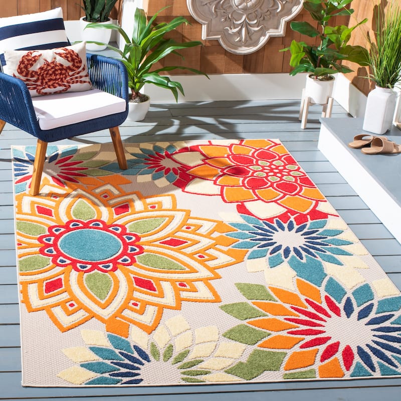 SAFAVIEH Cabana Elvezia Indoor/ Outdoor Waterproof Patio Floral Rug - 5'3" x 7'7" - Ivory/Orange