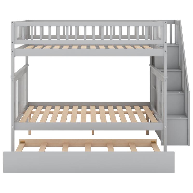 Full Pine Bunk Bed with Trundle and Storage Staircase, Convertible to Two Beds