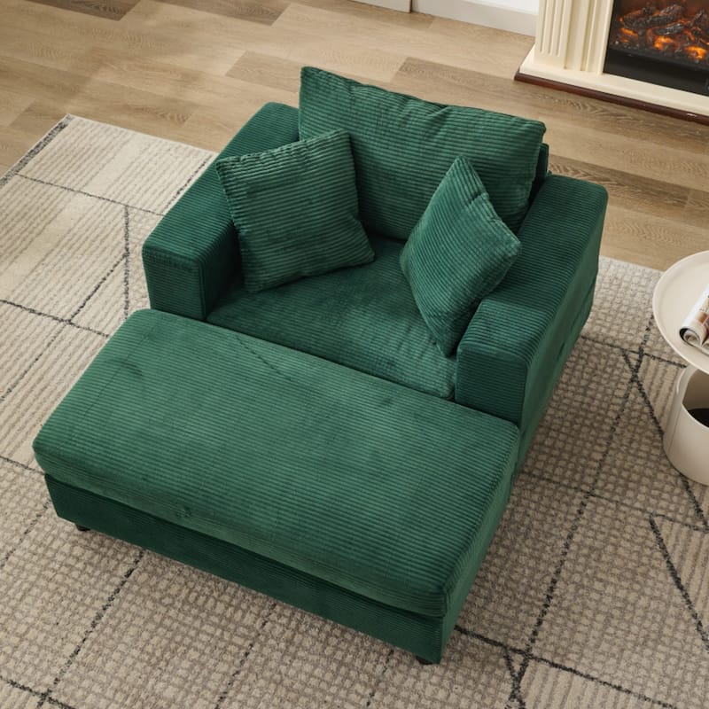 Chaise Lounge Chair with Removable Ottoman, Modern Accent Armchair Corduroy Sleeper Sofa Chair with Pillows for Living Room - Green