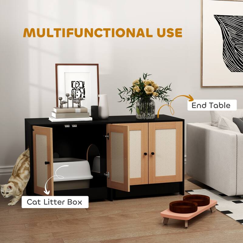 PawHut Double Cat Litter Box Enclosure, Hidden Litter Box Furniture for 2 Cats, Large Cat Box Furniture Side Table, Black