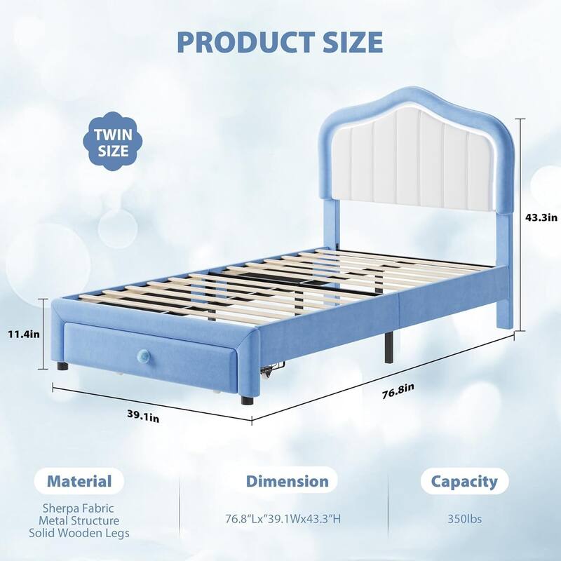 Twin Upholstered Platform Bed Frame with LED Lights & Storage Drawer, Easy Assembly
