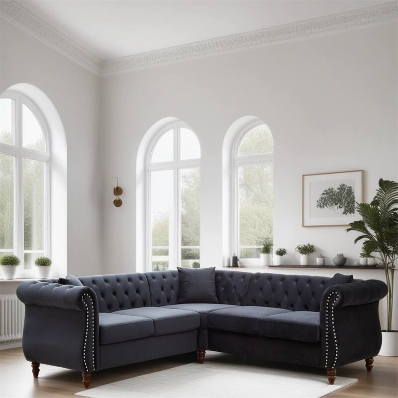 5-Seater Velvet L-Shaped Sectional Sofa with 3 Pillows and Wood Frame - Black