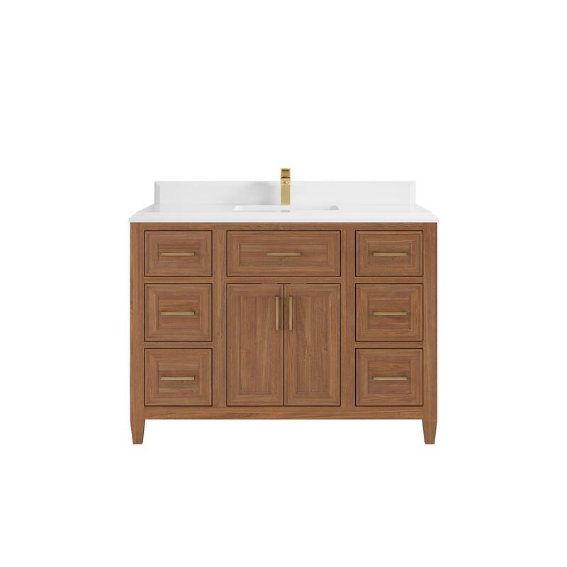Willow Collections 48 in. W x 22 in. D Santa Monica Teak Single Sink Bathroom Vanity with Countertop - 1.5”White Quartz - Dark Natural teak