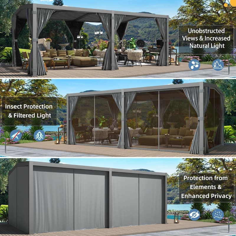 EROMMY Outdoor Louvered Pergola Gazebo with Adjustable Aluminum Rainproof Roof and Pull-Down Screen