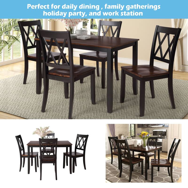Roomfitters 5-Piece Dining Table Set, Rectangular Wood Kitchen Table and 4 X-back Chairs, Transitional Style