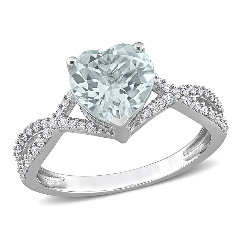 Miadora Heart-cut Aquamarine and 1/5ct TDW Diamond Crossover Ring in 14k White Gold