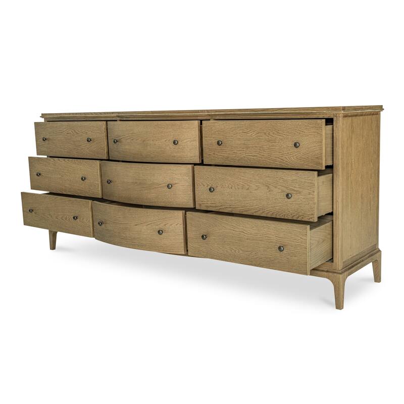 NADAAL STUDIOS Maerin Dresser, Nine Drawer Oak Form with Rounded Overhang and Curved Center Detail, Brown