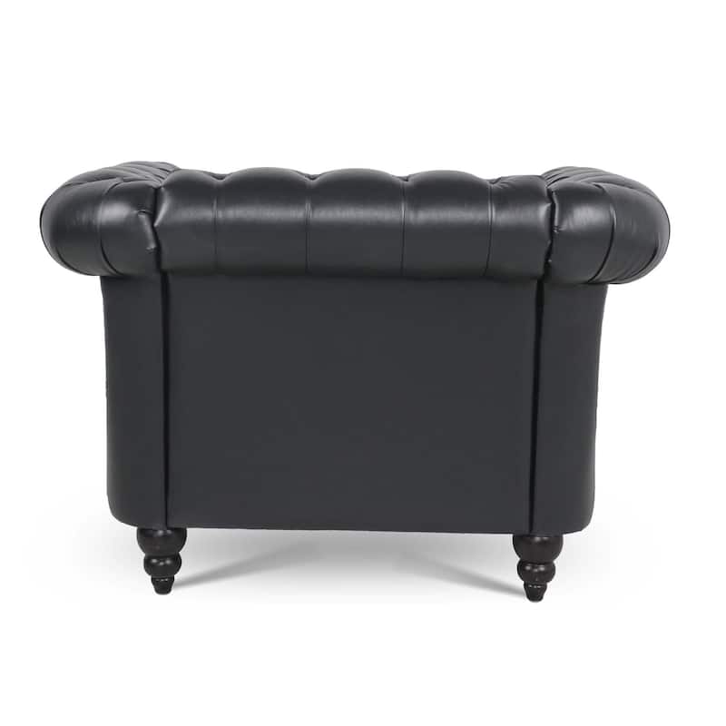 Traditional Rolled Arm Chesterfield 1 Seater Sofa,Living Room PU Leather Seat Cushions & Nailheads Finish Sofa with Wood Legs