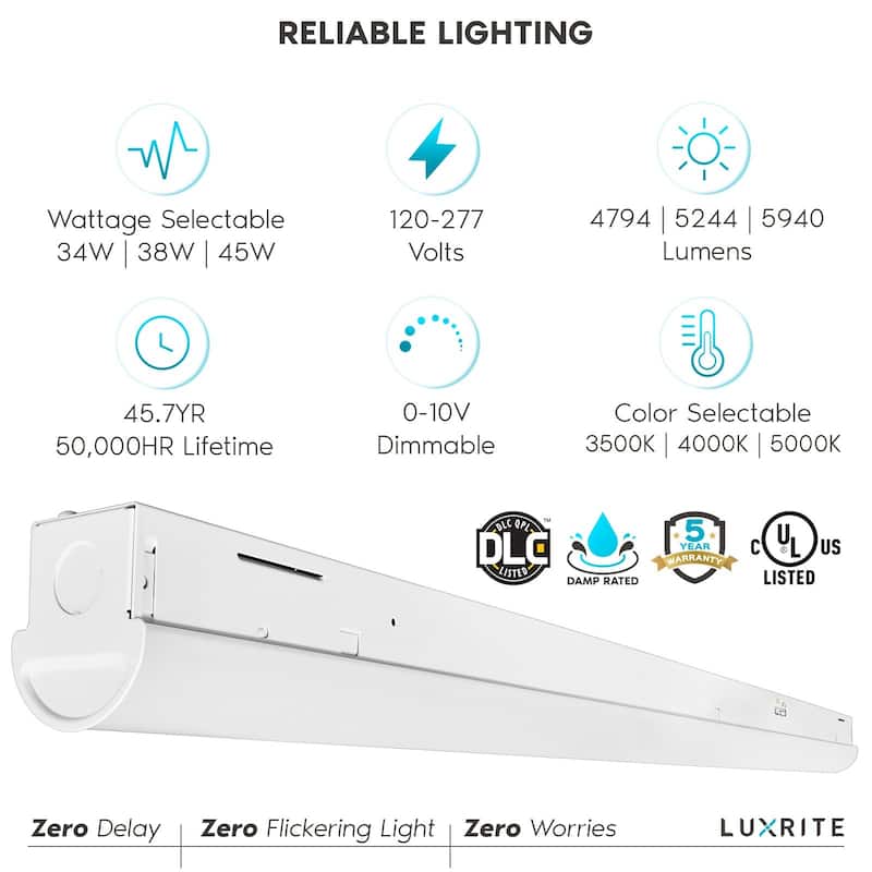 Luxrite 4FT LED Slim Shop Light, 34W/38W/45W, 5940 Lumens, 3 Color Selectable 3500K-5000K, Dimmable, Damp Rated