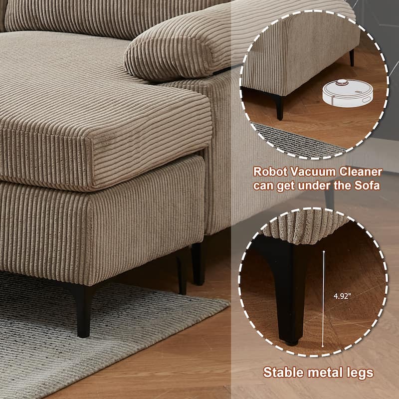 HOOOWOOO Living Room Wide Armrest Corduroy Fabric Chaise Reversible Sofa with Ottoman