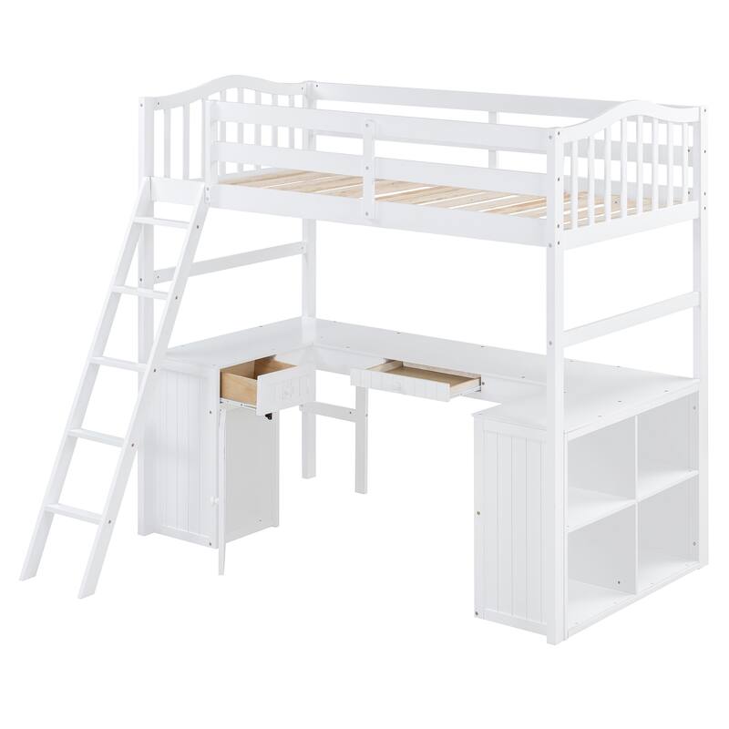 Roomfitters Twin Size Wooden Loft Bed with Desk, Cabinet, Shelves and Storage Drawers, White