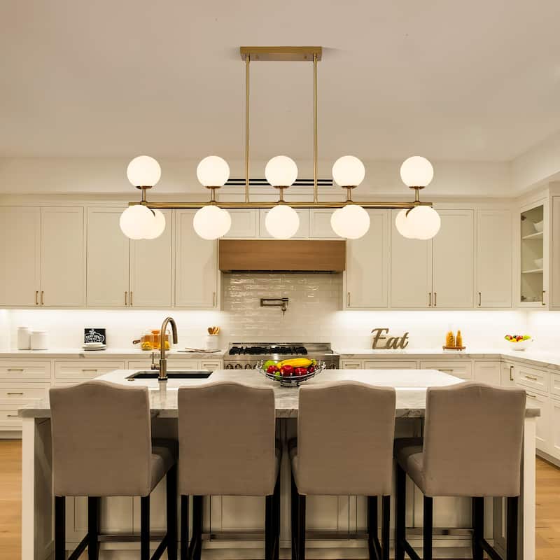44in W Linear Mid Century Modern Chandelier 15 Light Gold Brass Sputnik Pendant Light with Frosted Glass Globe for Dining Room