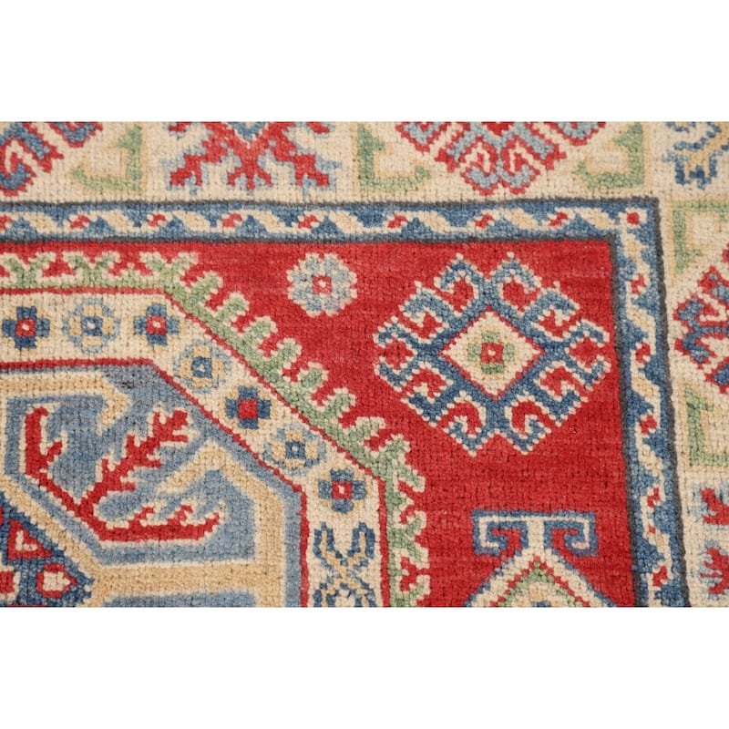 Geometric Kazak Oriental Accent Rug Handmade Red Wool Carpet - 3'5" x 4'11"