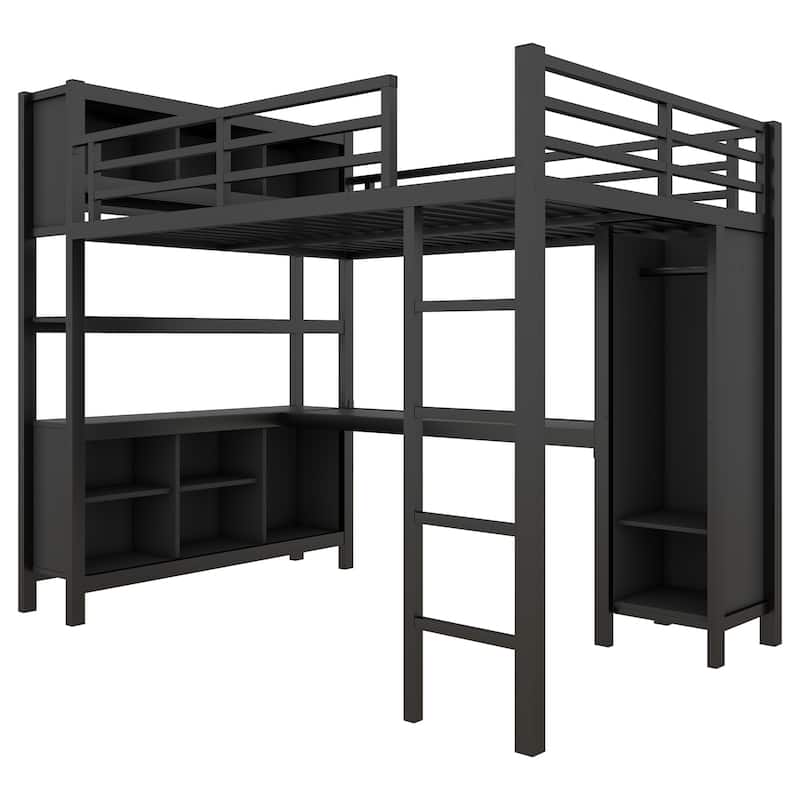 Full Size Metal Loft Bed with Wardrobe, Desk, and Storage, Ideal for Kids, Teens, and Adults