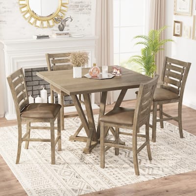 5 Piece Dining Table Set, Counter Height Dining Table Set with Wooden Square Tables and Slatted Backrest Chairs