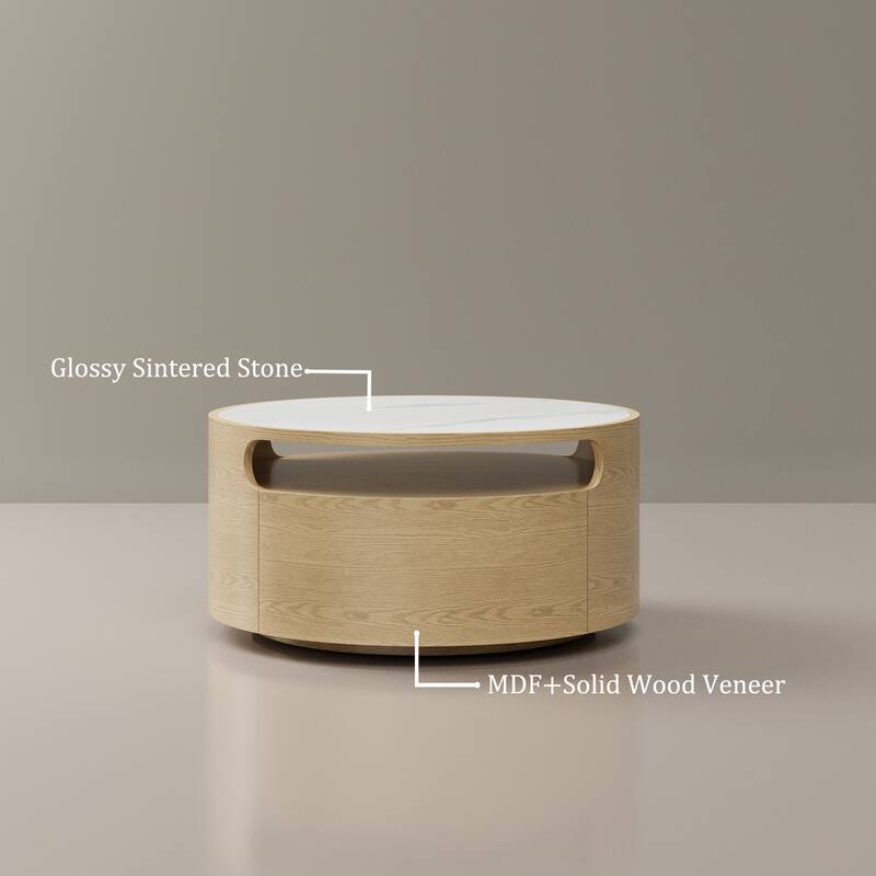 31.5" Modern Light Wood Round Coffee Table, with 2 Drawers, Solid Wood Texture, Fully Assembled