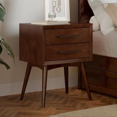 Walnut Solid Wood 2-Drawer Nightstand with Tapered Legs, Sleek Black Handles and Mid-Century Modern Design