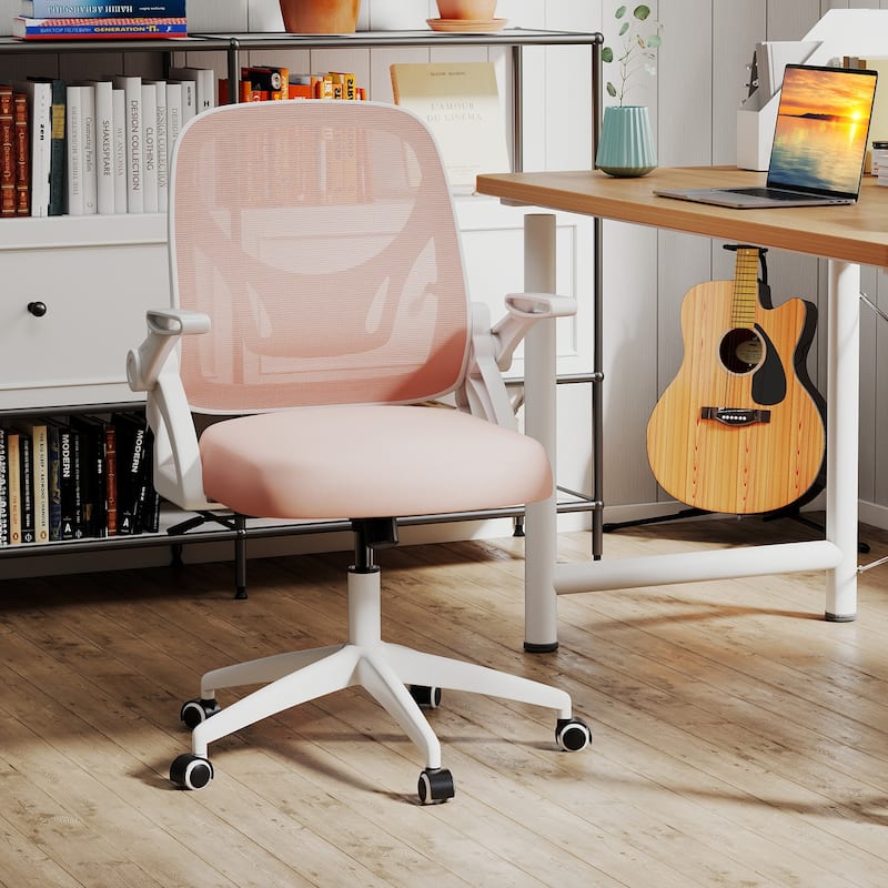 Breathable Mesh Adjustable Desk Chair with Lumbar Support and Sponge Cushion Flip-up Armrests - 25" x 25" x 36"-39" - Pink-White