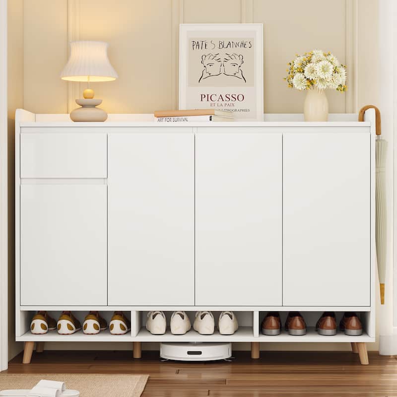 Modern Minimalist Shoe Cabinet with Adjustable Shelves – Sleek Storage Sideboard Featuring Solid Wood Legs. - White