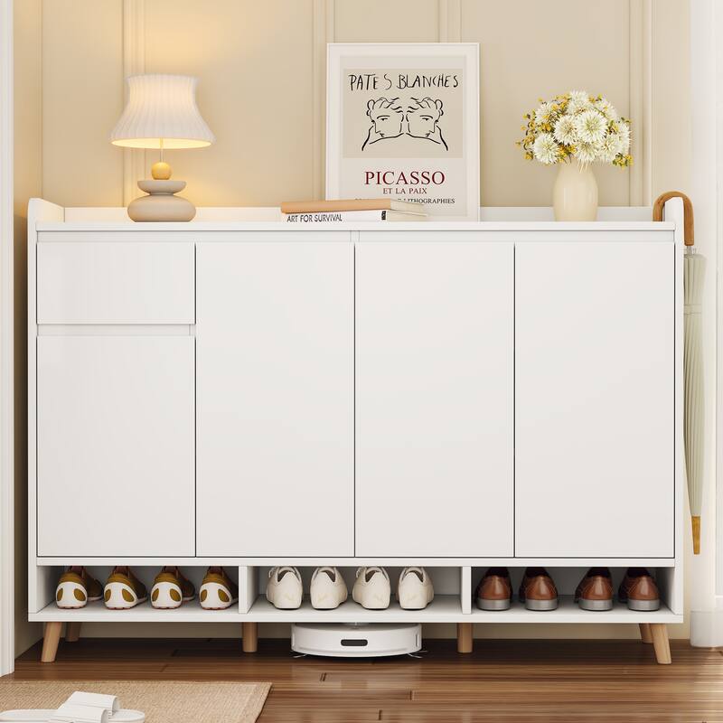 Sleek Contemporary Shoe Cabinet with Adjustable Shelves and Solid Wood Legs - 55.1" W × 13.8" D × 39.4" H