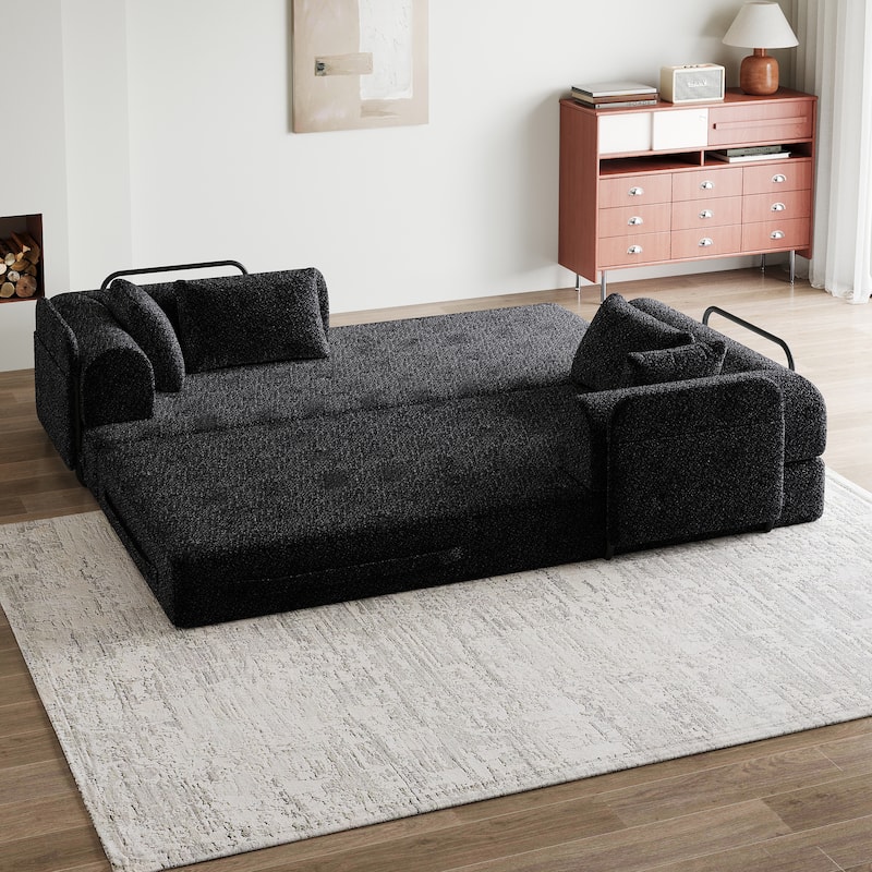 Chenille Floor Lounge Couch Convertible Sleeper Sofa Bed Folding Mattress with Cylindrical Pillow, Side Pocke and Metal Frame
