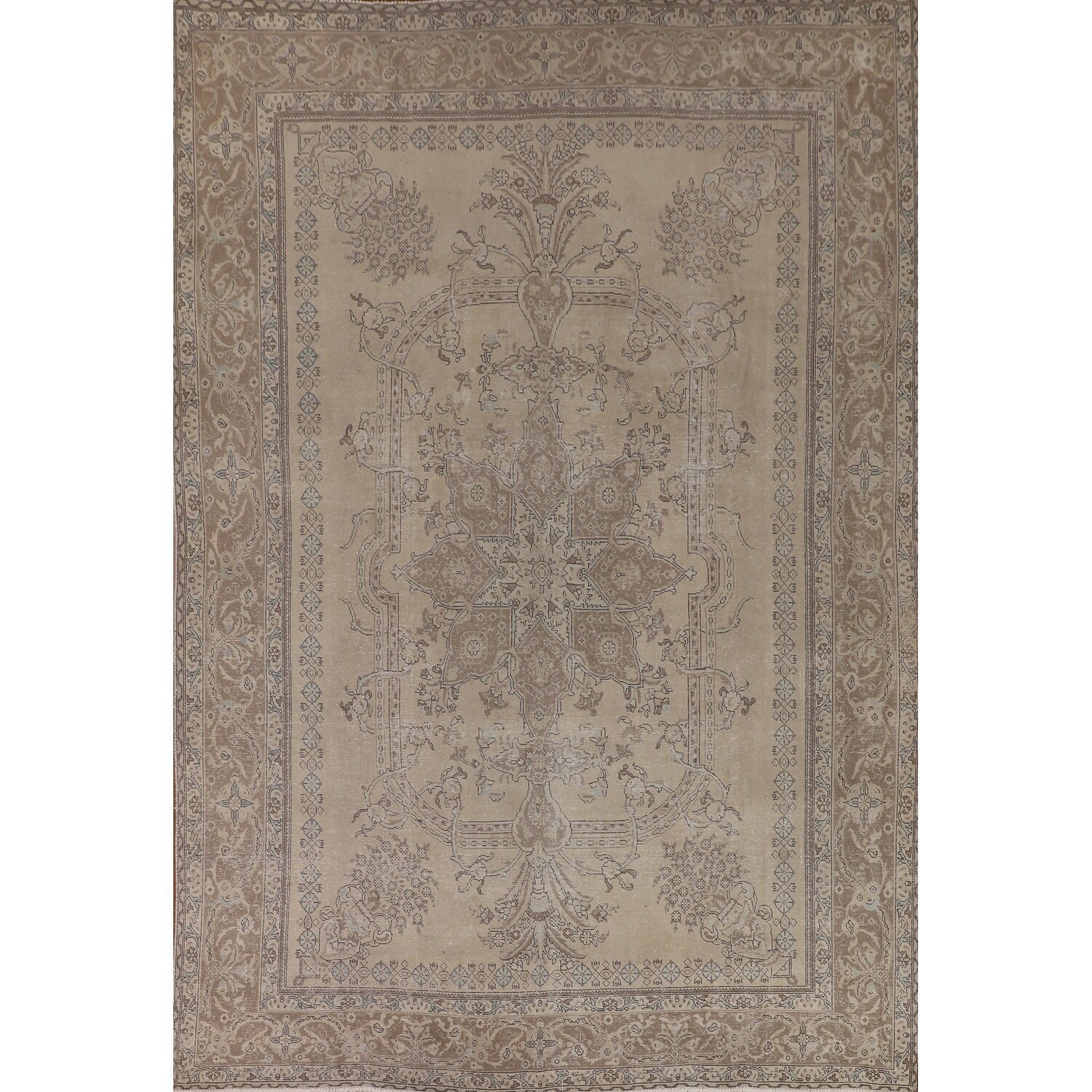 Beige Distressed Tabriz Persian Vintage Area Rug Handmade Wool Carpet - 9'8" x 12'8"