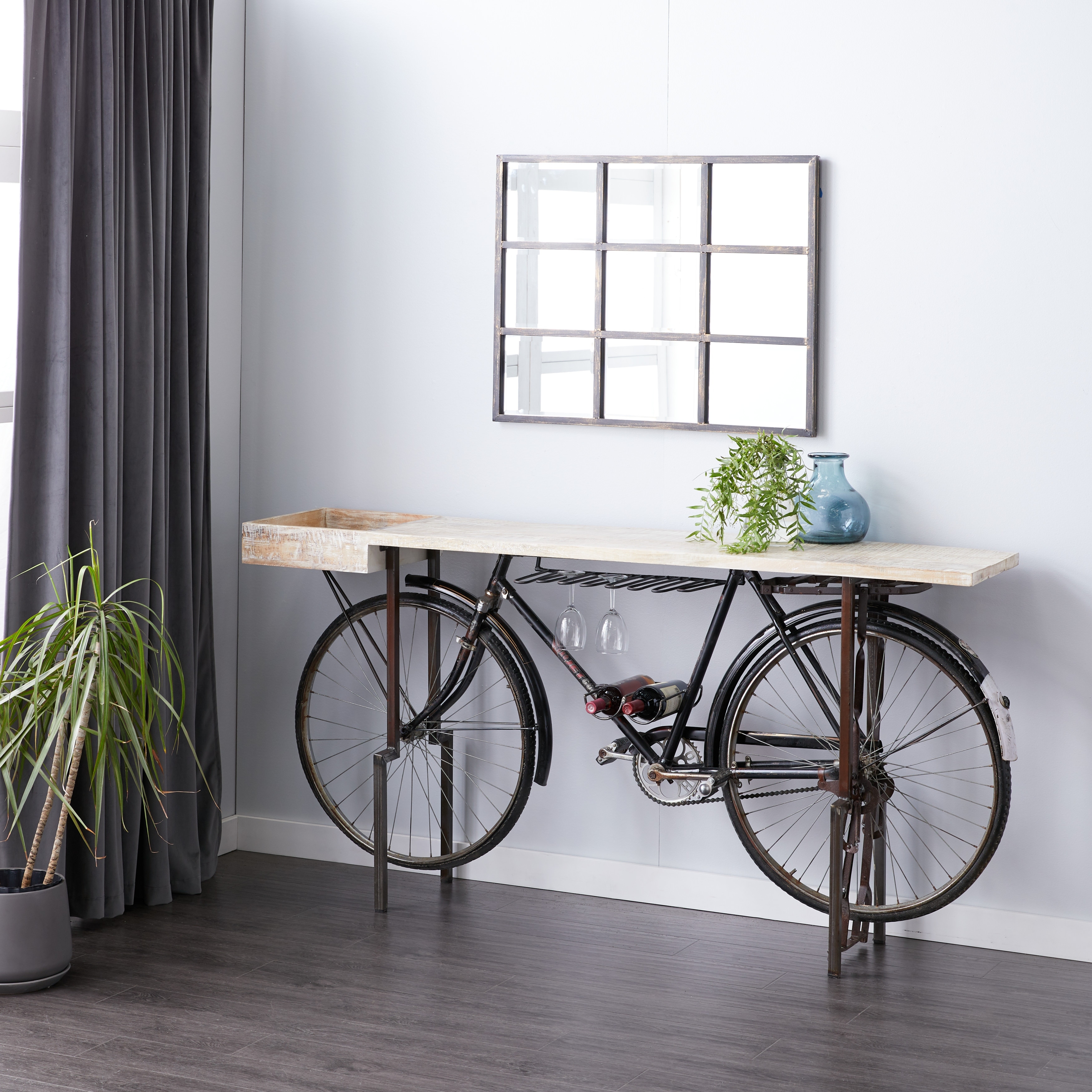 Black Metal 1 Shelf Bike Bar with Brown Wood Top