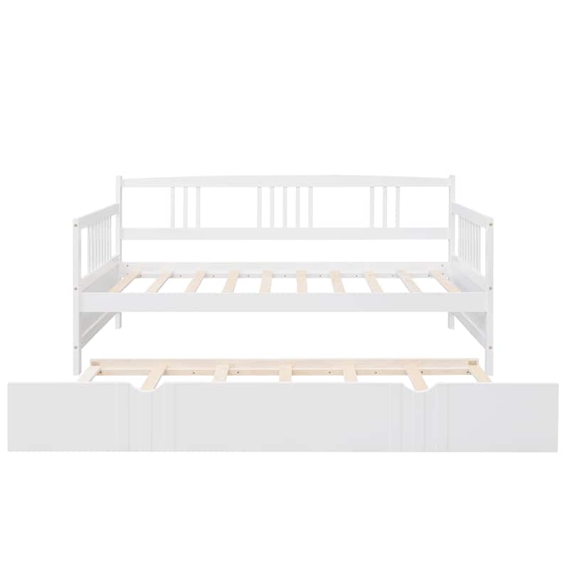 Twin Size Daybed Wood Bed with Twin Size Trundle, White