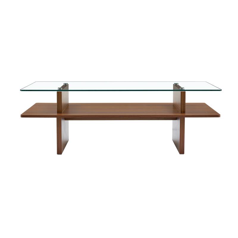 Modern Double-Tier Coffee Table with Tempered Glass Top & Walnut MDF Shelf - Contemporary Living Room/Office Accent Furniture