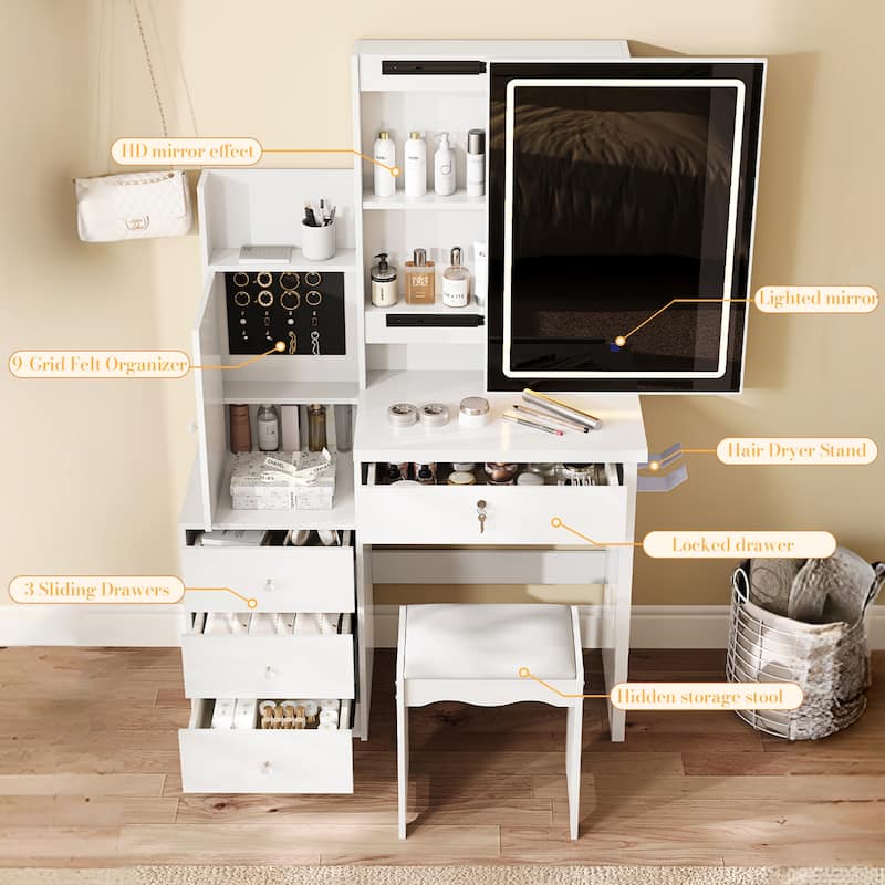 Vanity Desk Set with Sliding Lighted Mirror, Makeup Dressing Table