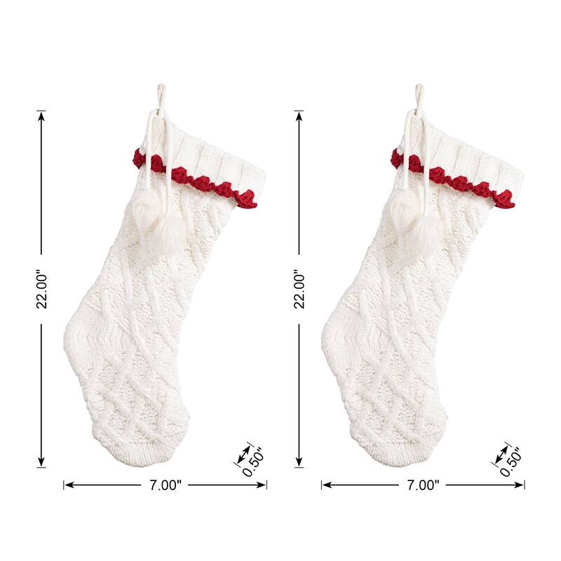 Glitzhome Set of 2 Knitted Christmas Stocking White or Red with Pom Pom Ball