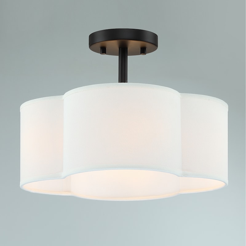 4-Light Black Semi-Flush Mount Light with White Scallop Shade - 14 in. W - Black canopy with white shade