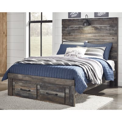Drystan Rustic Brown Panel Bed with Footboard Storage Drawers