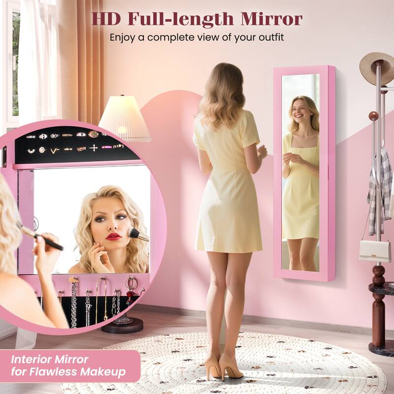 Wall Mounted or Door Hanging Jewelry Cabinet with Full Length Mirror and Inner Makeup Mirror - 12.5" x 3.7" x 43.5"
