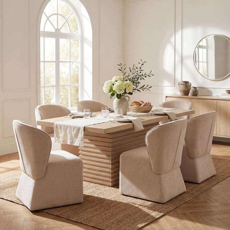 Christopher Knight Home - Eddie 7-Piece Upholstered Dining Set with 84" Rectangular Pillar Base Dining Table - Light Ash+Beige