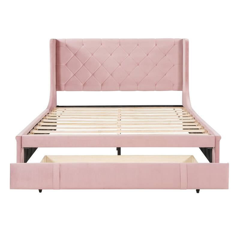 Pink Velvet Upholstered Queen Size Storage Bed with Wingback Headboard - Elegant Design, Sturdy Frame