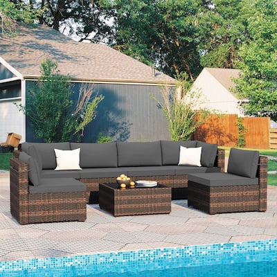 Patio Watcher Morden Outdoor 7-Piece Rattan Wicker Sectional Set Suit for Backyard