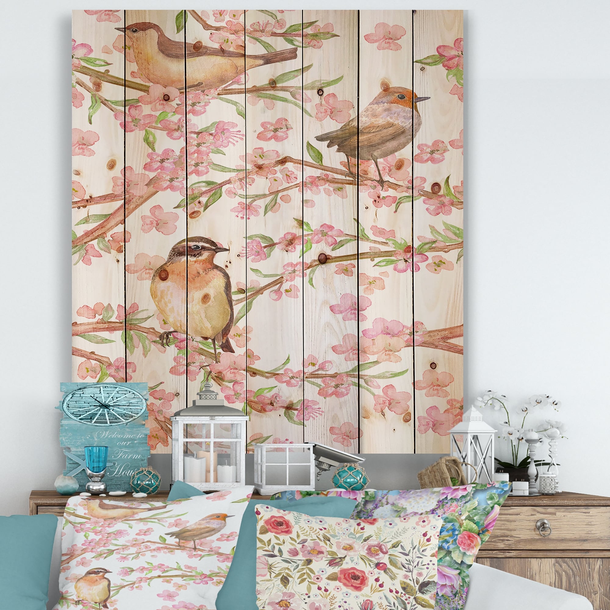 Designart 'Branches Of Flowering Almond and Lovely Birds' Traditional Print on Natural Pine Wood